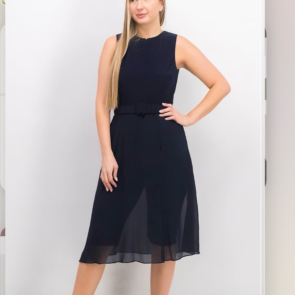 NWT Ralph Lauren Navy Blue Buckle Belt‎ Sleeveless Jersey Chiffon Dress Size 12